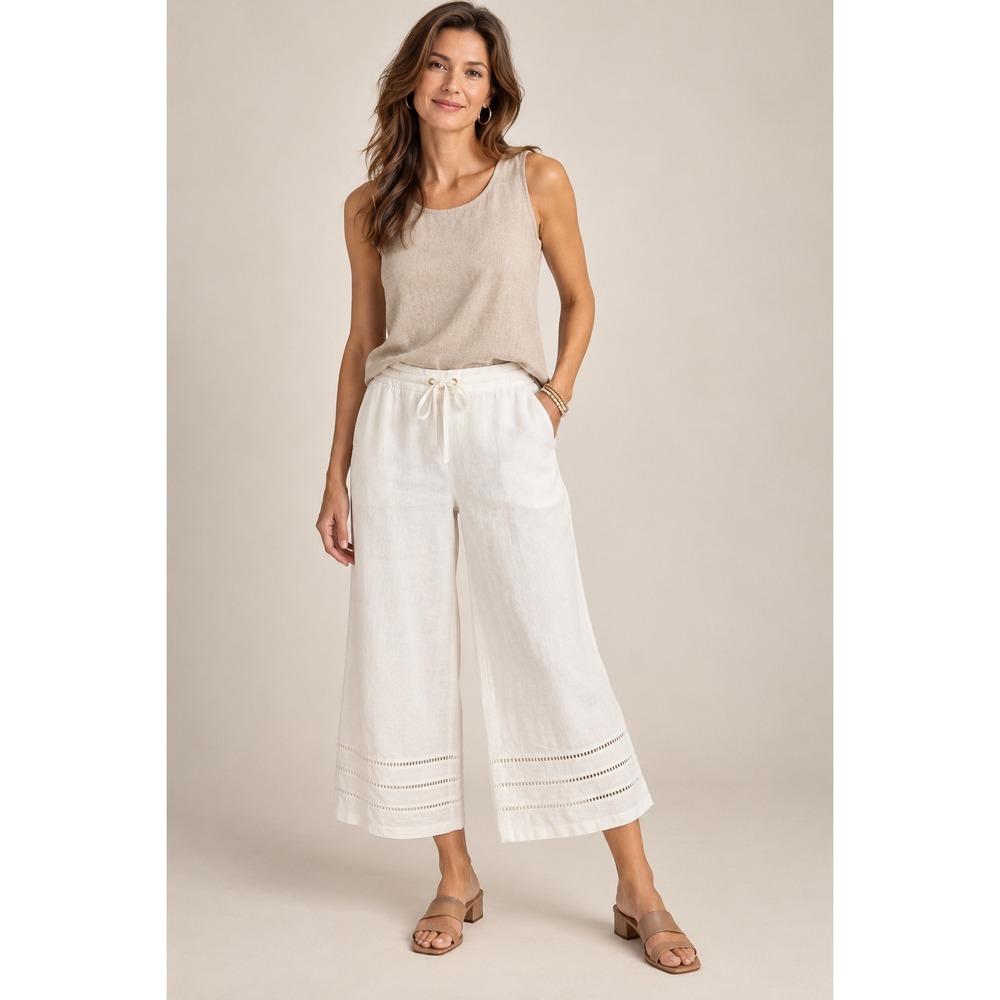 Ellen Tracy Womens White Linen Blend Wide Leg Crop Pants Drawstring Large